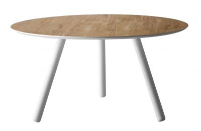 Runder Pixie Tisch von Miniforms mit Holzplatte und weißen Beinen, Durchmesser 150 cm.